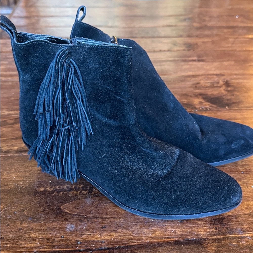Via Spiga Black Suede Ankle Boots with Fringe